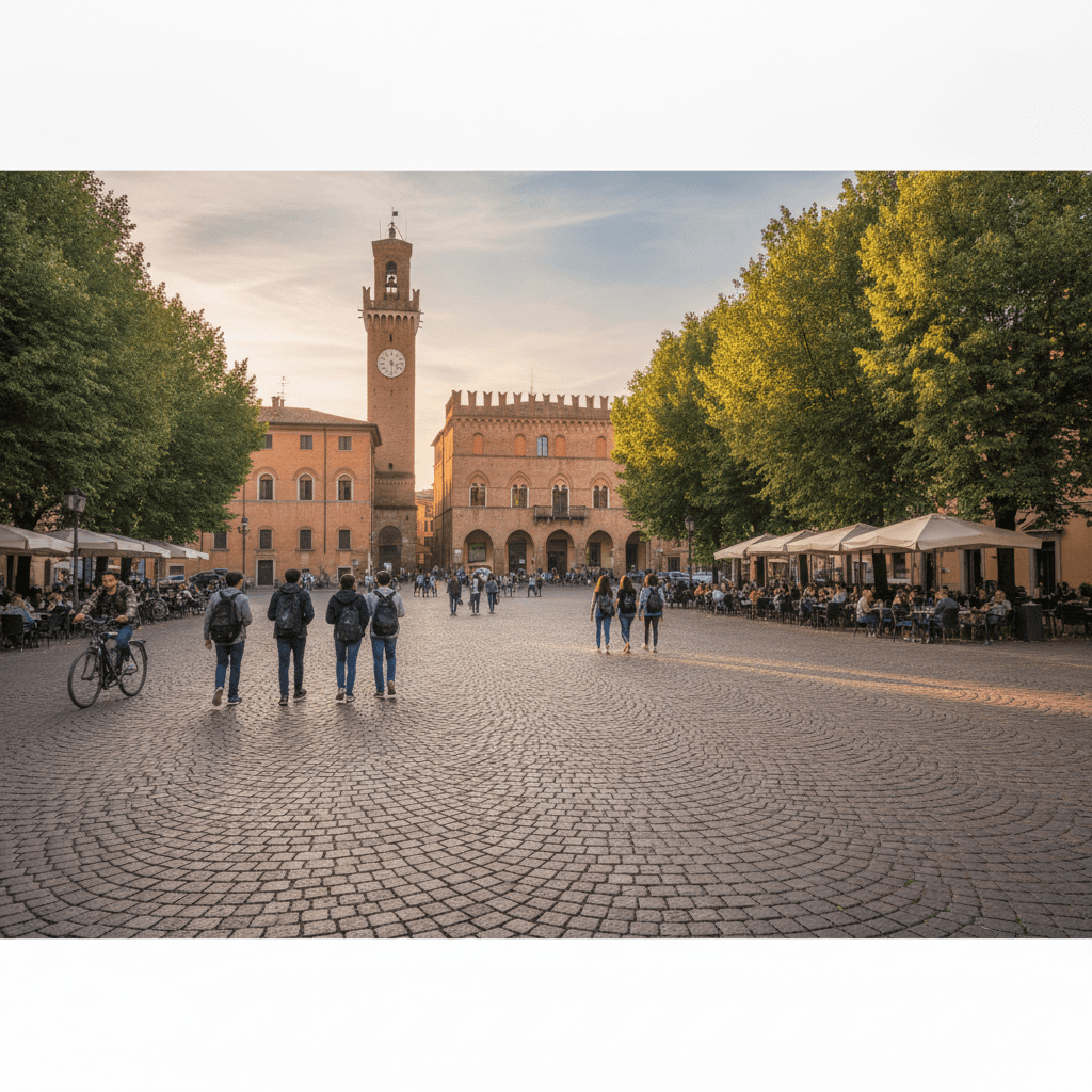 Piazza Saffi a Forlì al tramonto con studenti Erasmus e il campus universitario di Bologna
