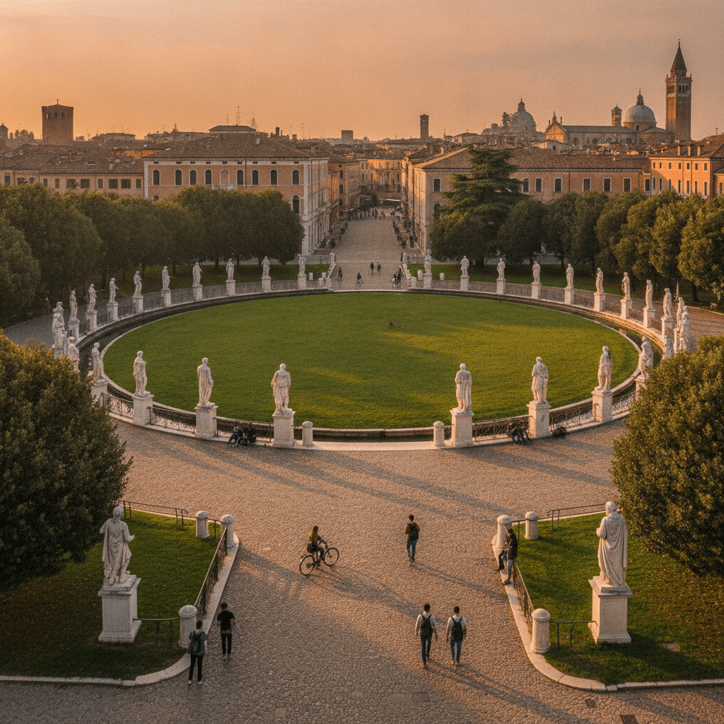 Prato della Valle a Padova al tramonto con studenti Erasmus e l'università storica sullo sfondo