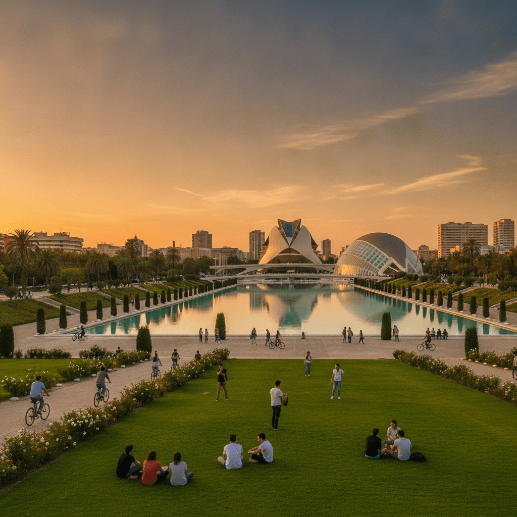 Panorama di Valencia con la Ciudad de las Artes y las Ciencias e i Giardini del Turia al tramonto