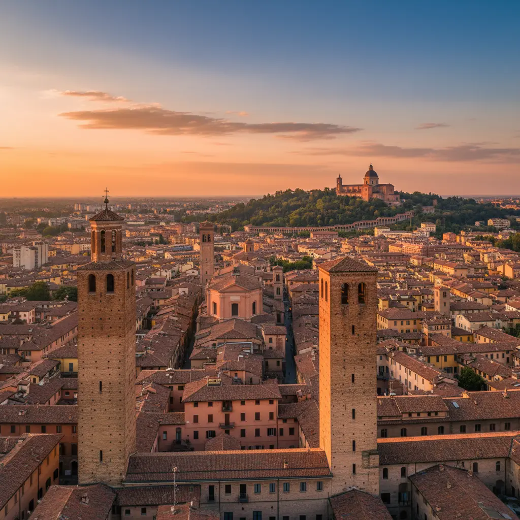 Veduta panoramica di Bologna con le Due Torri e i portici storici, atmosfera universitaria Erasmus